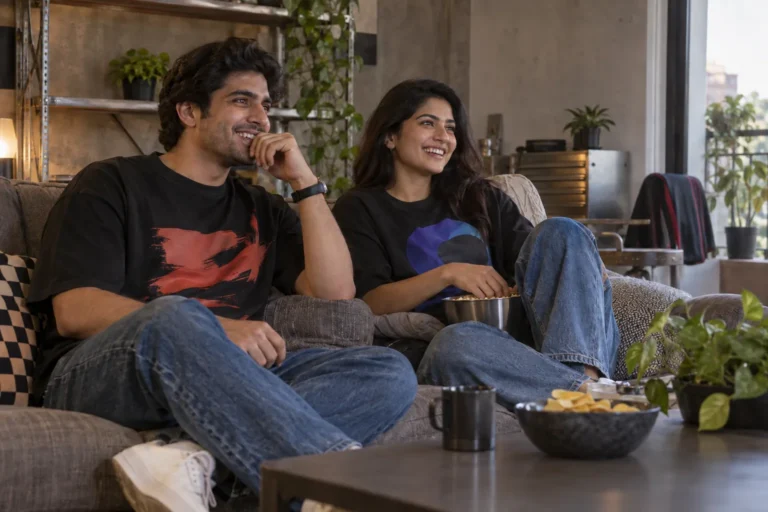 An Indian couple wearing black oversized t-shirts with different abstract prints in a living room.