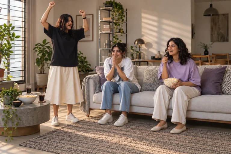 Three women in oversized tees with a skirt, jeans and trousers in a living room.