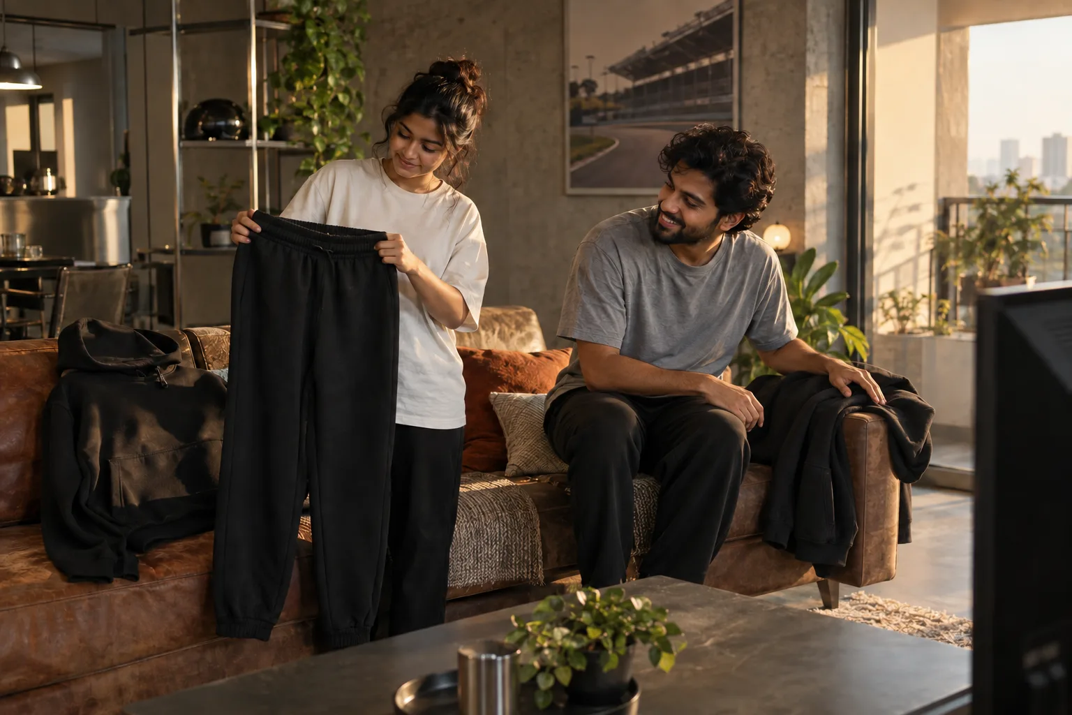Two young adults in oversized tees and black joggers beside matching black hoodies at home.