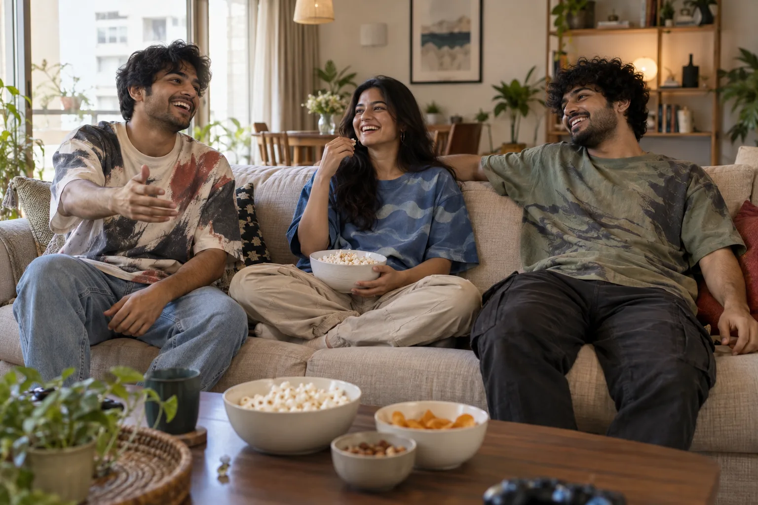 Three young adults in oversized t-shirts sitting together on a sofa at home.