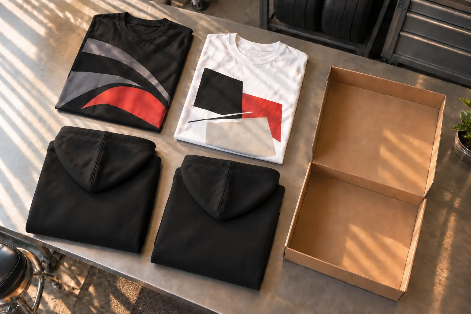 Two oversized T-shirts and two folded black hoodies arranged beside an empty gift box.