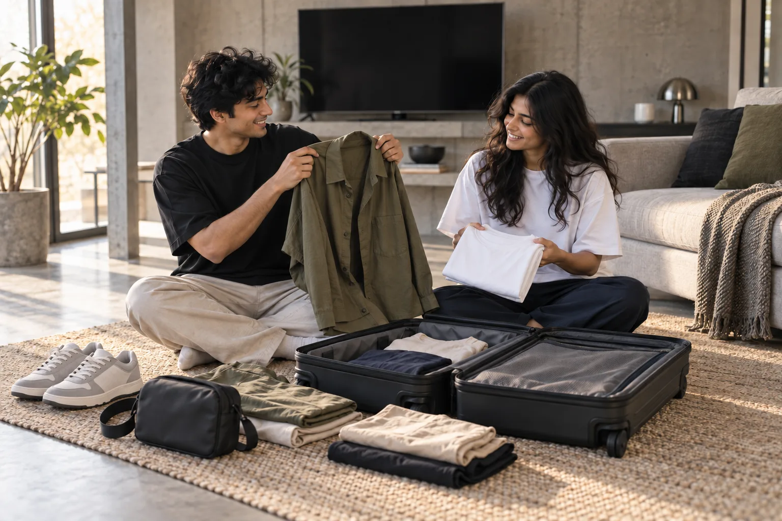 Two Indian fans arrange t-shirts, trousers and a light layer beside an open suitcase.