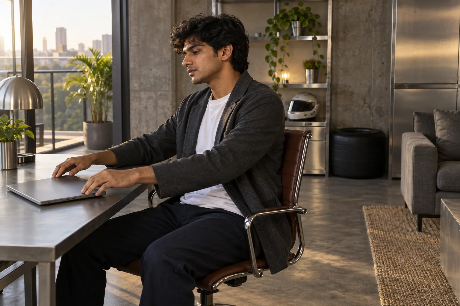 A seated young adult wears an open charcoal blazer over a white oversized tee with navy trousers.