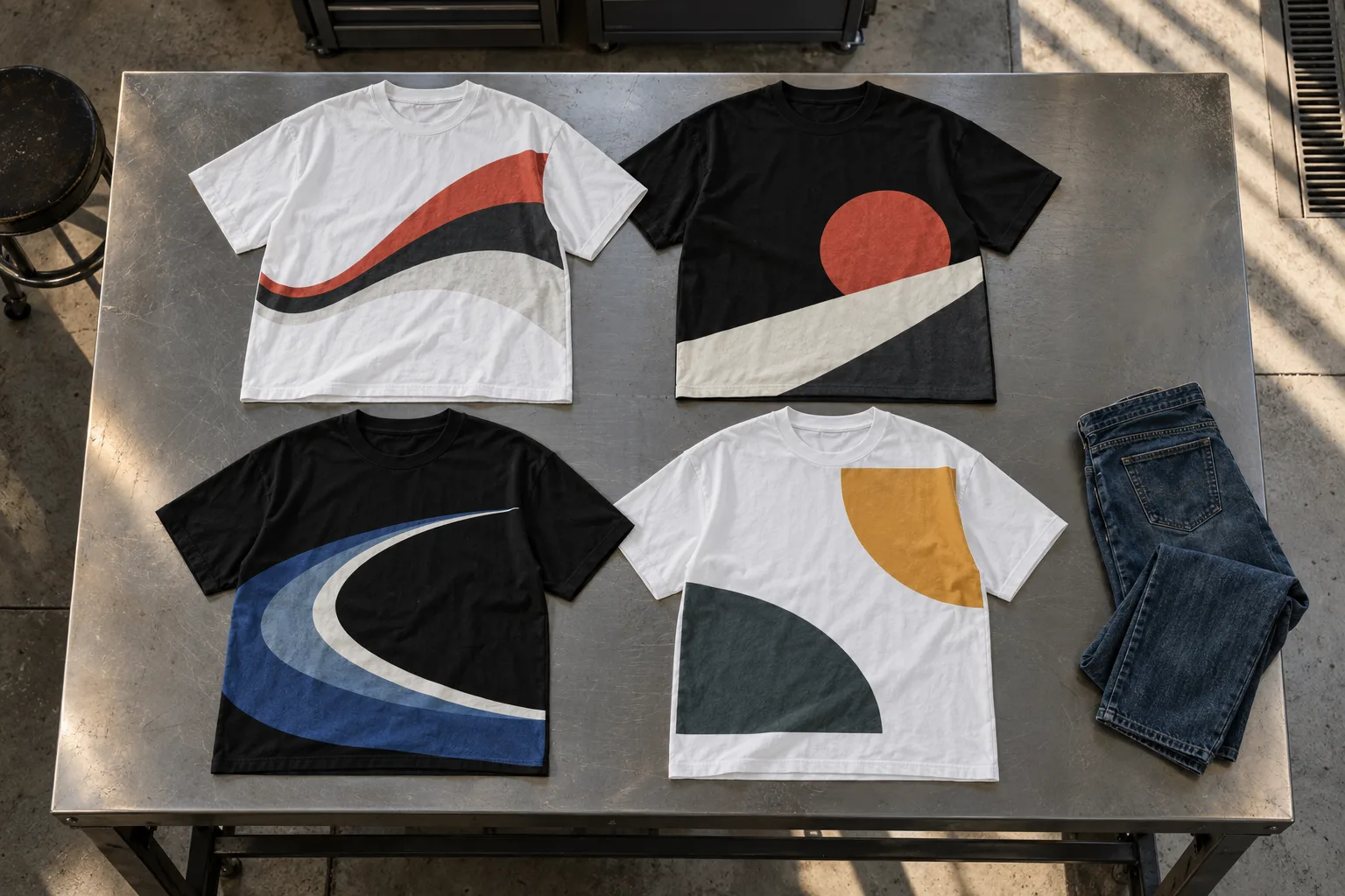 Four black and white oversized t-shirts with abstract prints arranged on a metal workbench