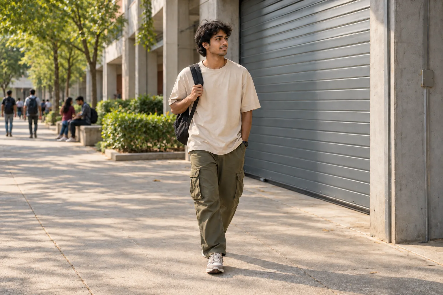 An Indian young adult in a beige oversized tee, olive cargos and a plain backpack on a campus walkway.