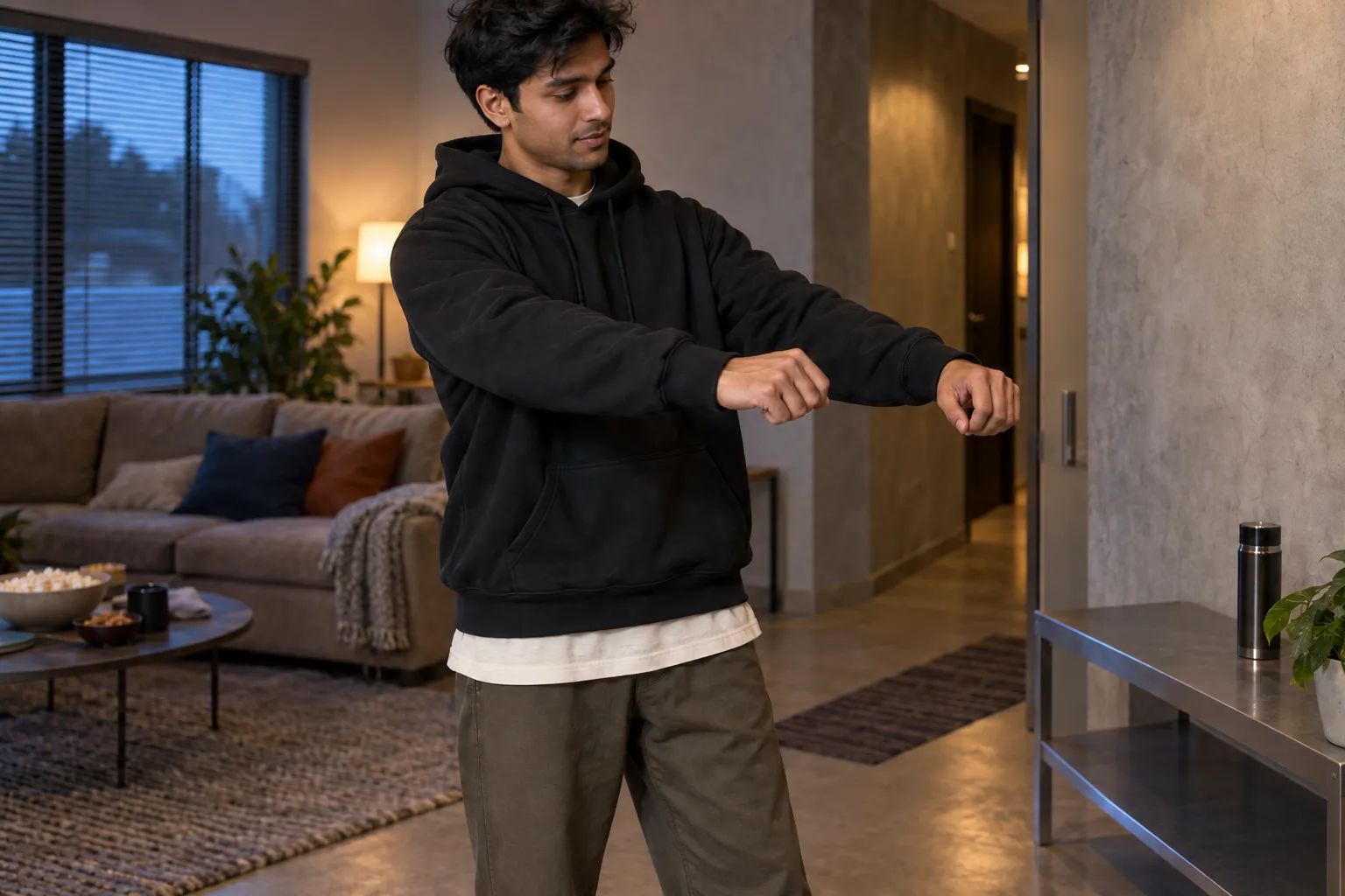 A young adult bends their arms in a black hoodie layered over a cream T-shirt.