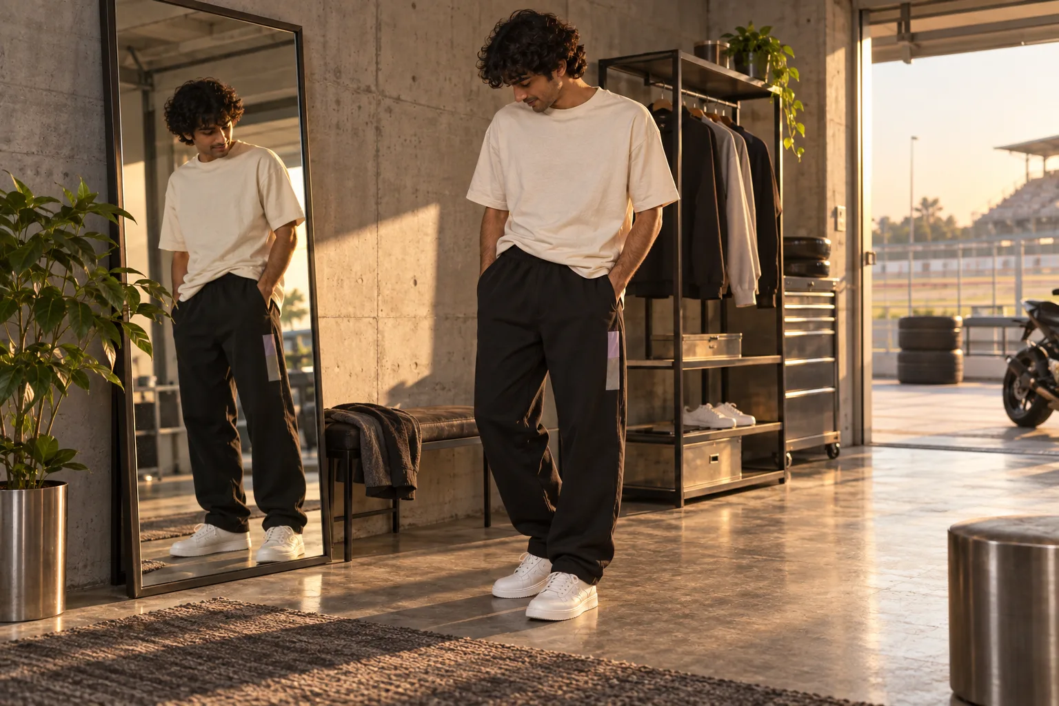 A young adult checks the waist and length of black baggy joggers beside a full-length mirror.
