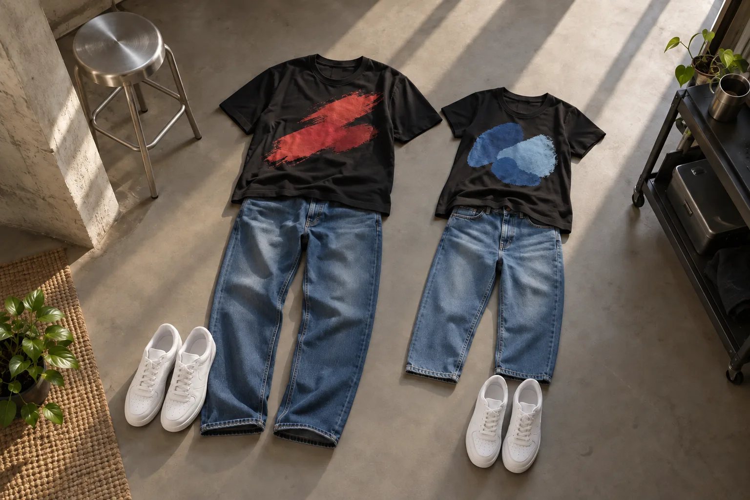 Two black oversized t-shirts with different abstract prints laid beside blue jeans and white trainers.