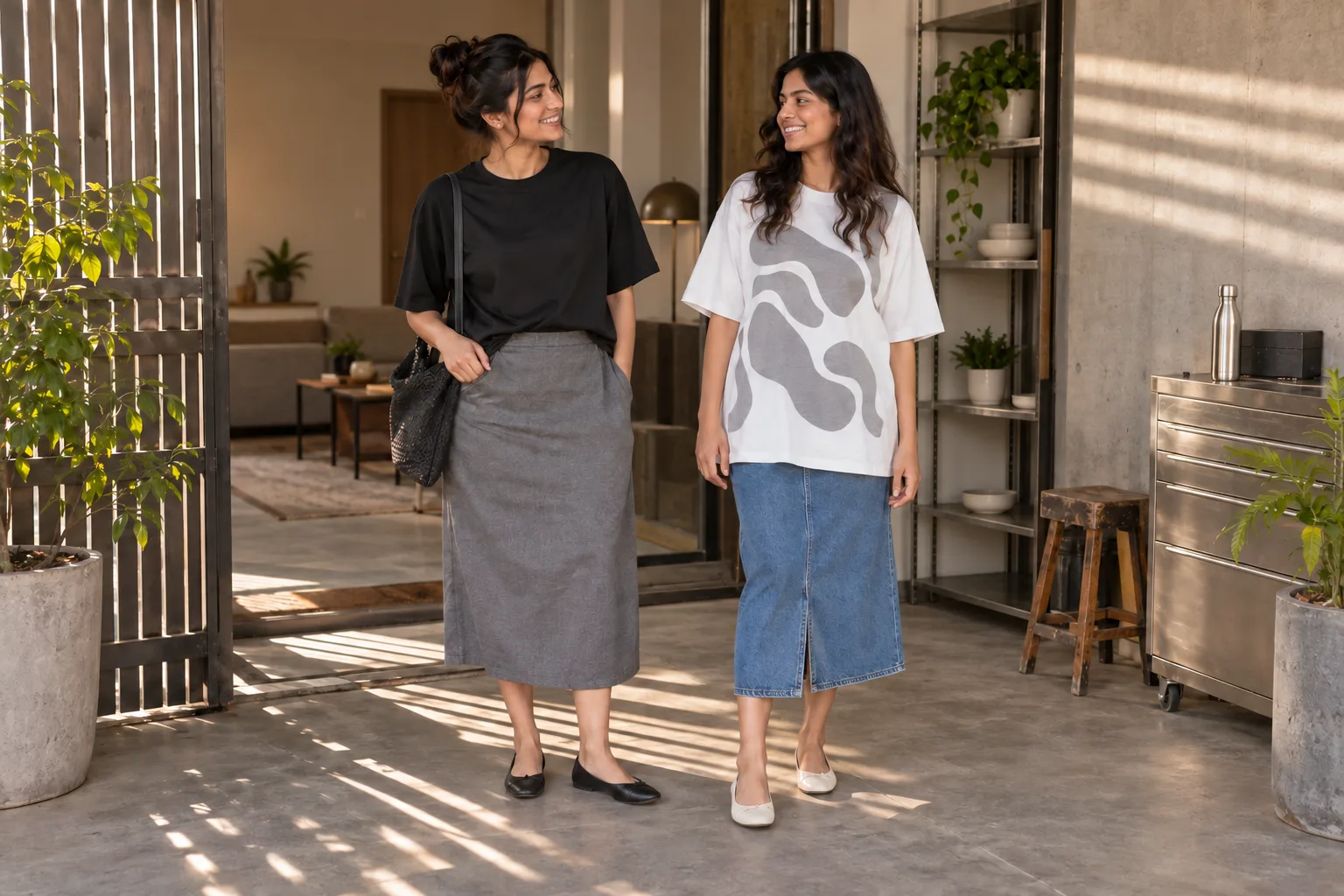 Two women pair oversized T-shirts with midi skirts, one front-tucked and one worn loose.