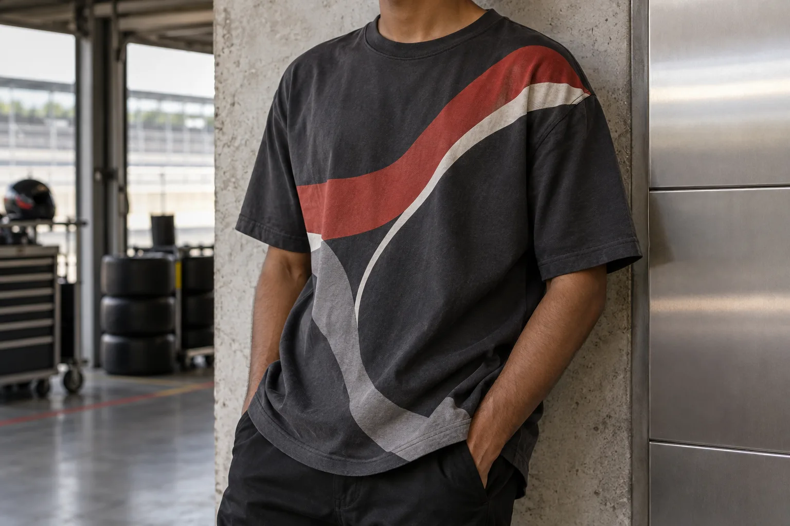 An oversized charcoal t-shirt with an abstract print against concrete and brushed metal panels.