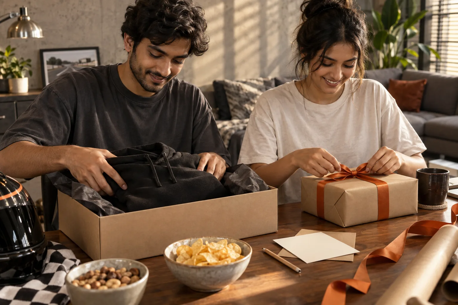 Two friends fold a black hoodie into a gift box beside a ribbon, blank card and wrapped parcel.