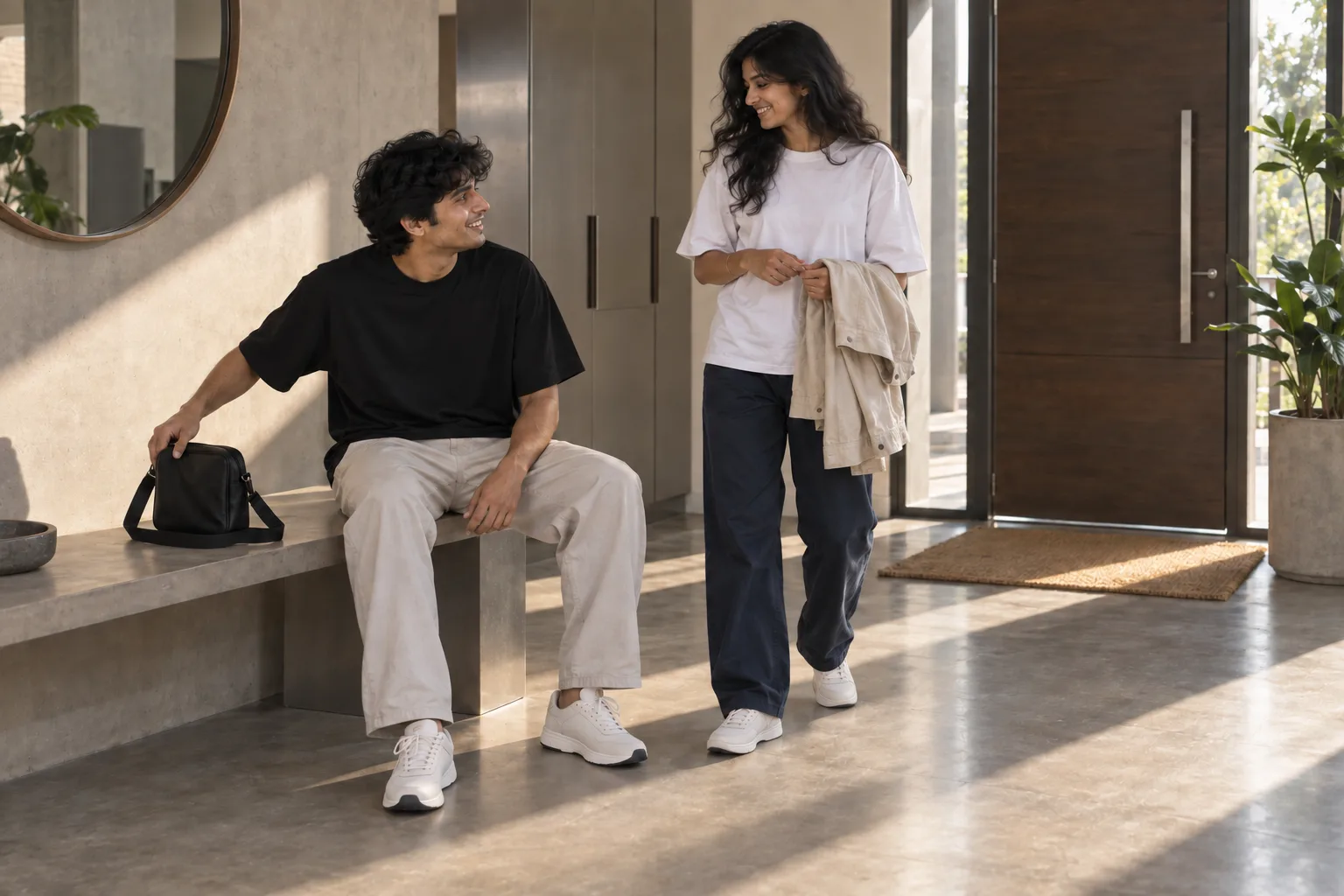 A seated Indian fan checks an oversized t-shirt and crossbody bag while a friend holds a light layer.