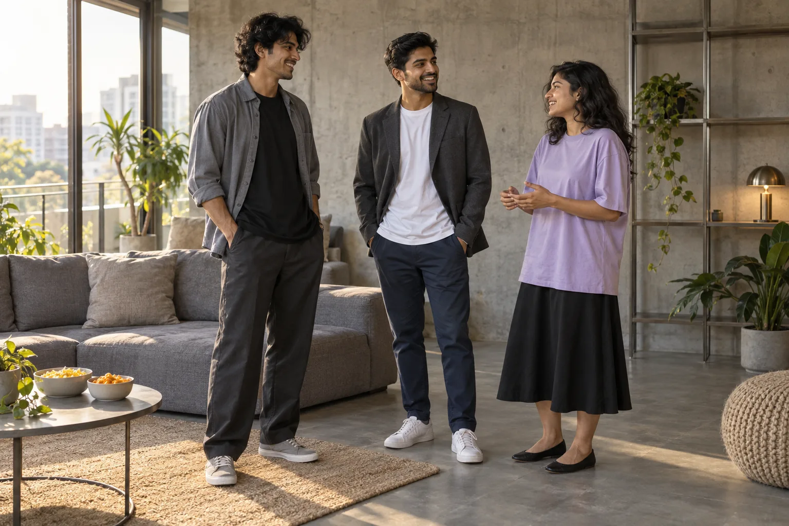 Three young adults wear black, white and lavender oversized tees with plain trousers or a dark skirt.