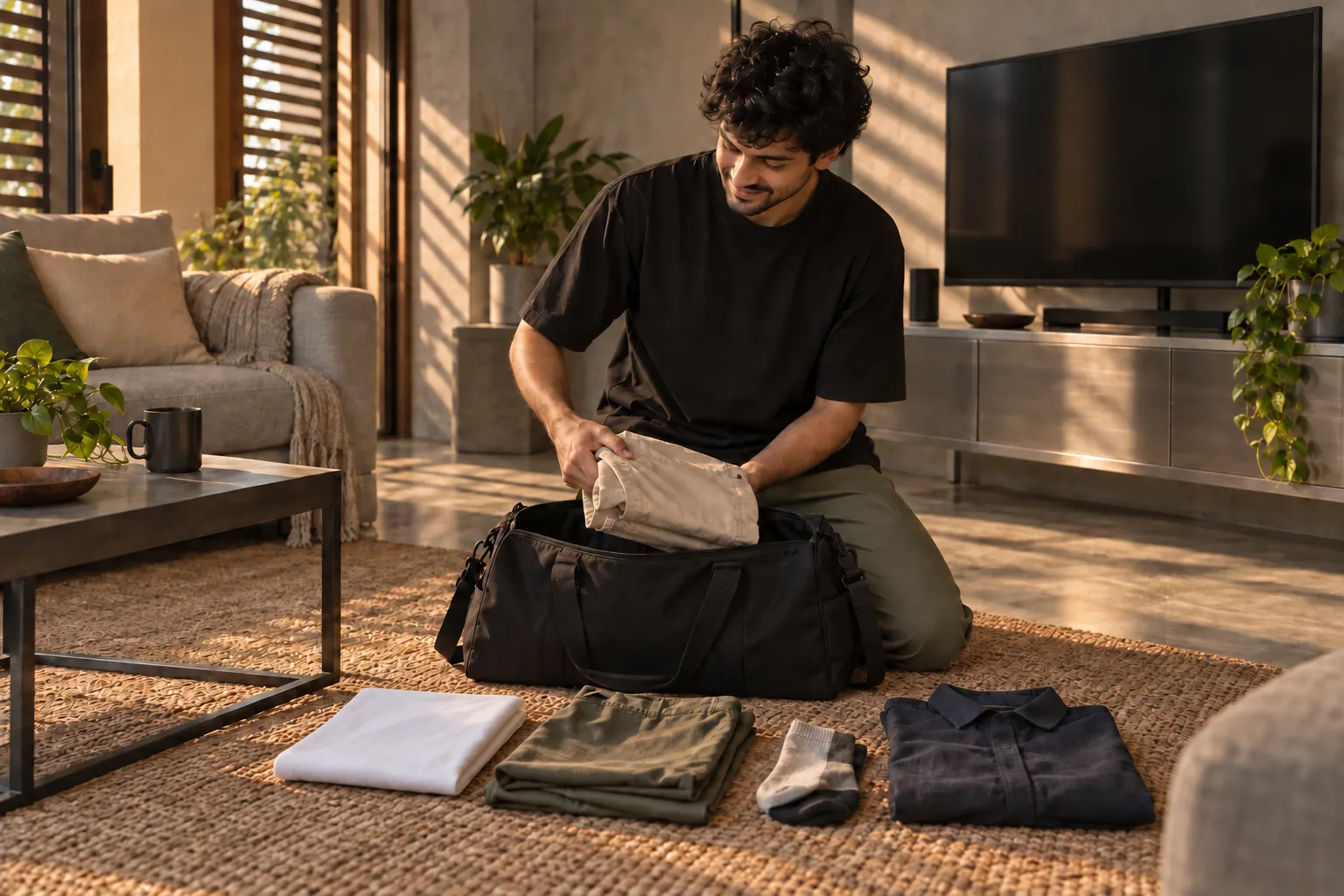 A young adult packs a weekend bag beside a folded white t-shirt, trousers, socks and an overshirt.