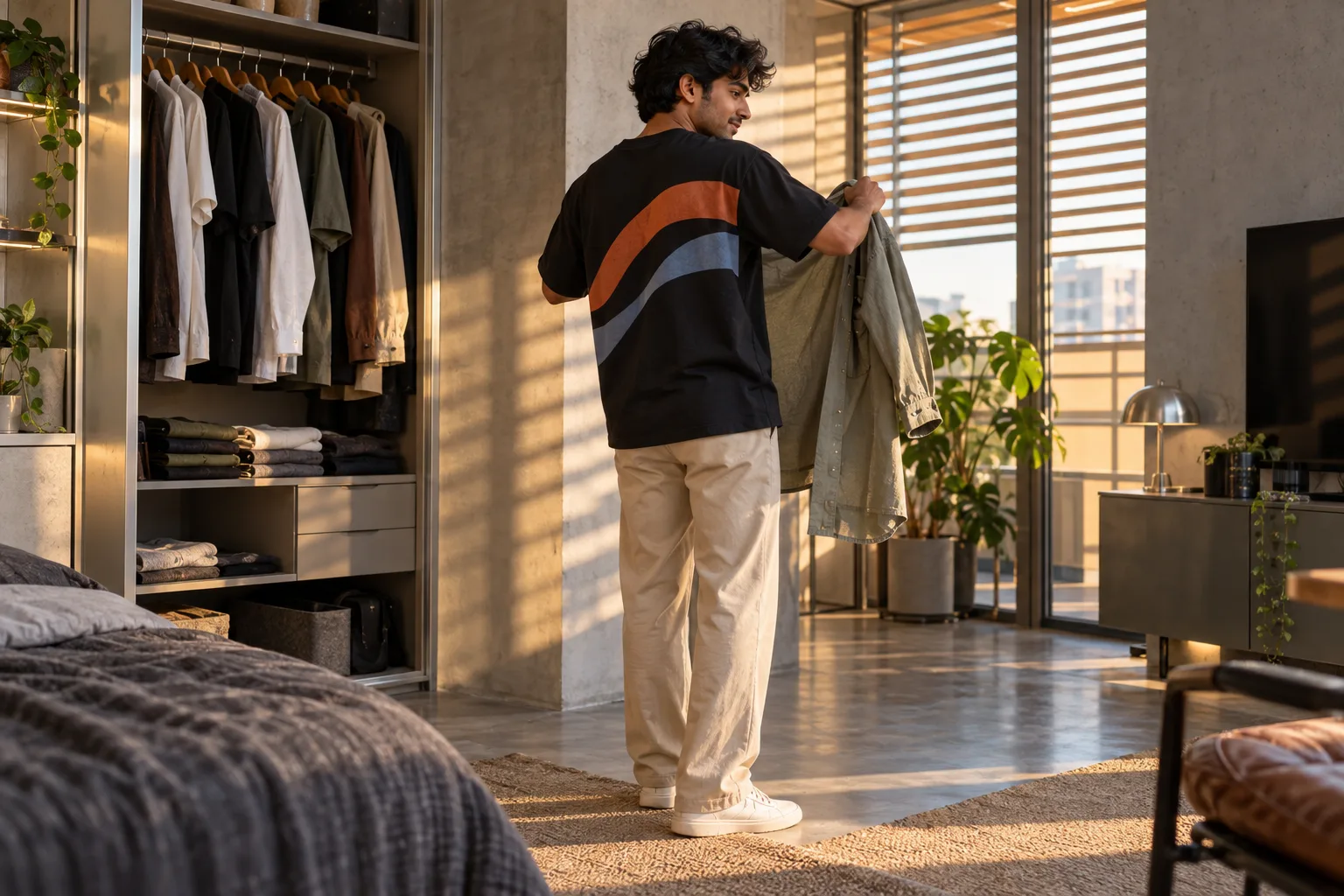 An Indian young adult in a black abstract-print oversized t-shirt holding an overshirt beside a wardrobe