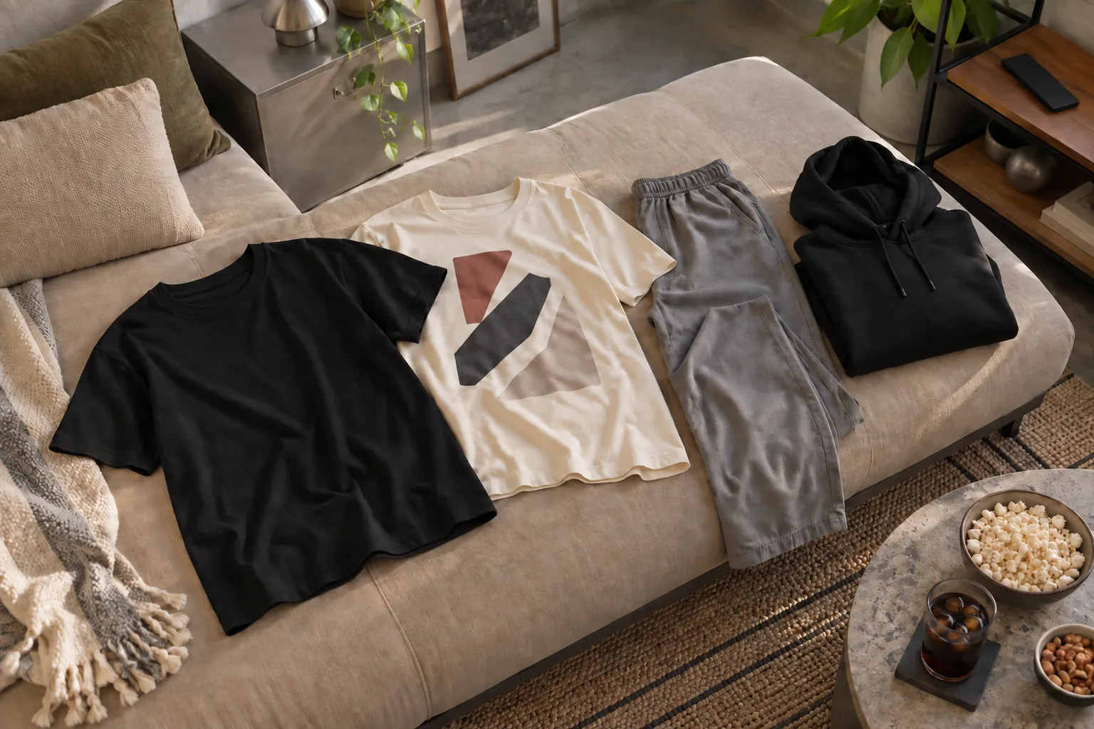 Oversized T-shirts, grey trousers and a folded black hoodie lie on a daybed.