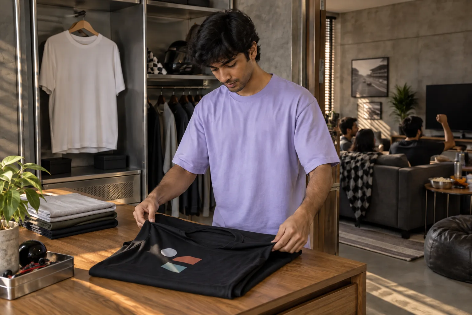 A person folds a black oversized t-shirt beside an open wardrobe with a white tee on a hanger.