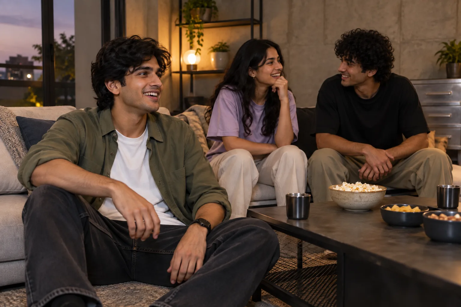 Indian friends at home, with one wearing an open olive shirt over a white oversized tee and dark jeans.