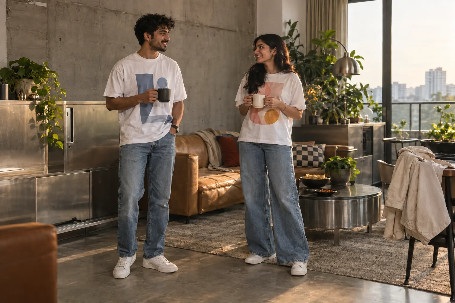 An Indian couple wearing white abstract-print oversized t-shirts and blue jeans beside a coffee table.