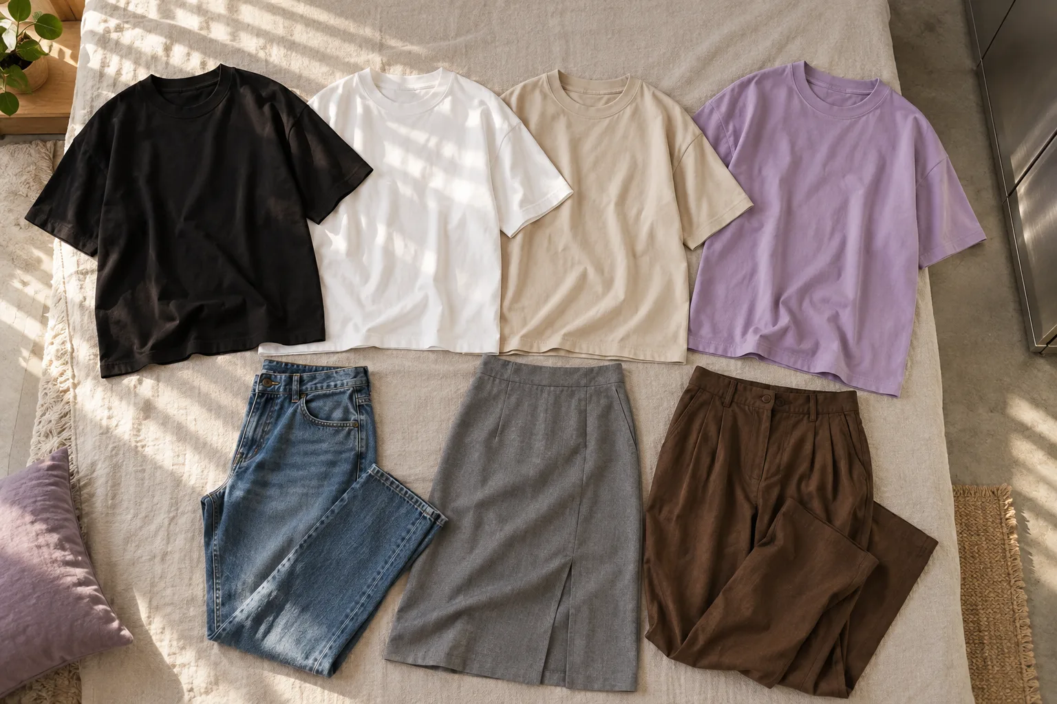 Black, white, beige and lavender oversized tees arranged with denim, a grey skirt and brown trousers.