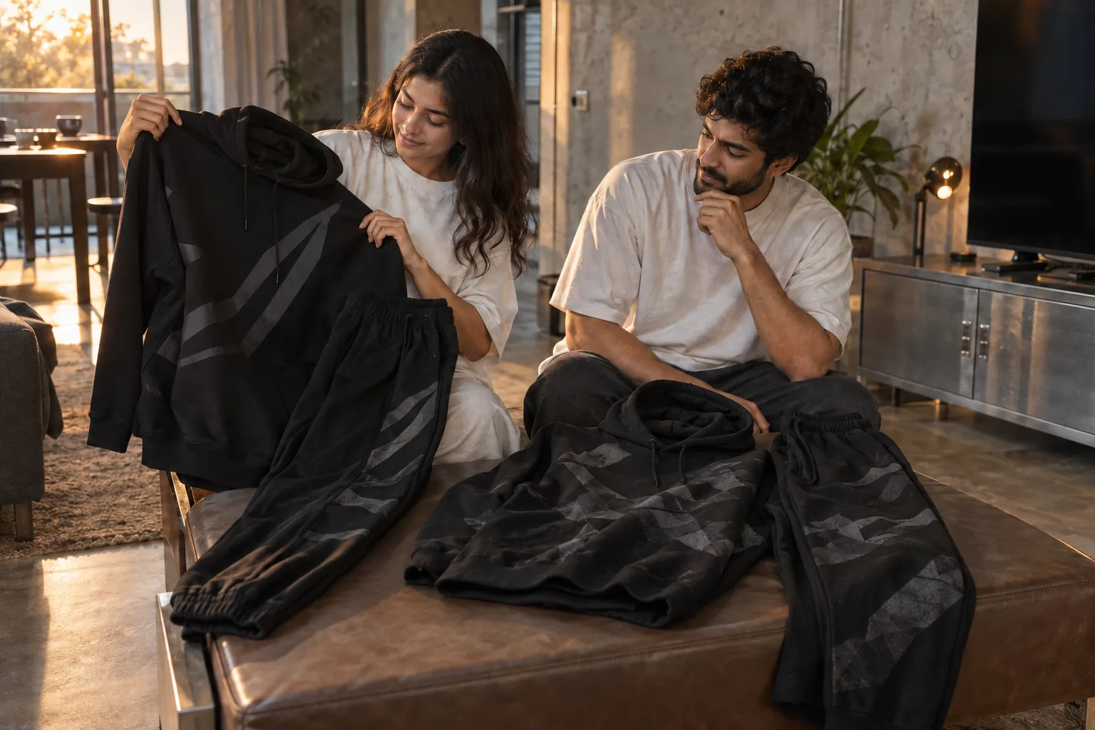 Two young adults compare black hoodies and matching joggers arranged on a low bench.