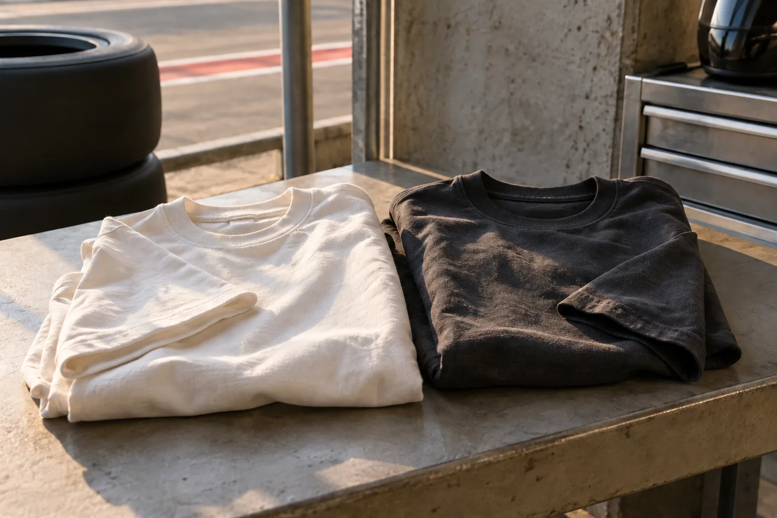 Off-white and charcoal t-shirts folded on a bench in angled afternoon light.