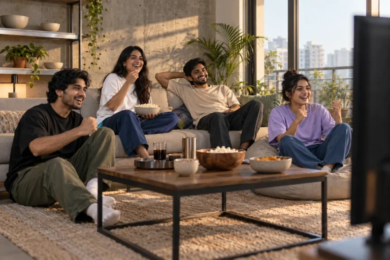 Four friends in black, white, beige and lavender oversized t-shirts beside a sofa.