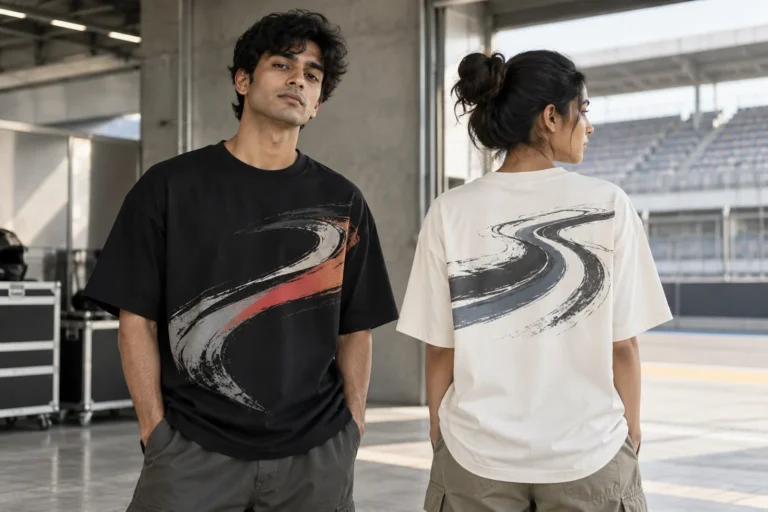 Two young adults show abstract graphics on the front and back of oversized T-shirts in a garage setting.