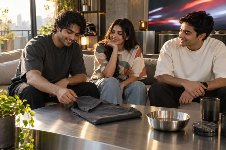 Friends in oversized t-shirts compare a folded tee before a watch party in an Indian apartment.