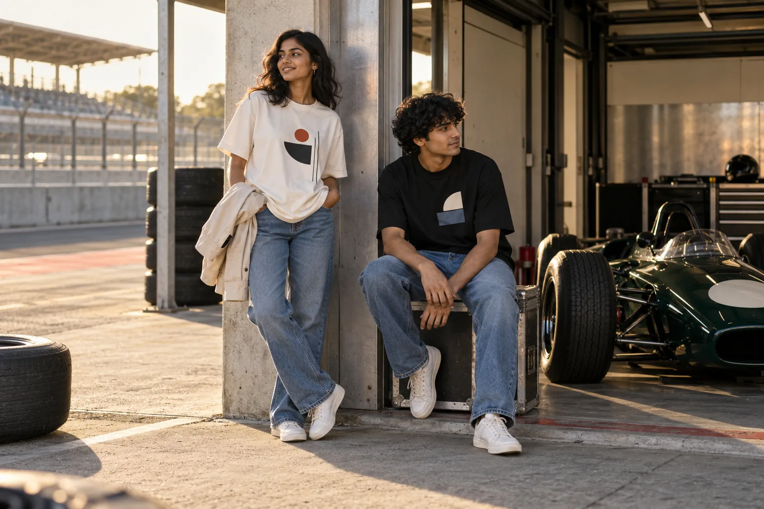 Two young adults in oversized tees and blue jeans beside a garage wall.