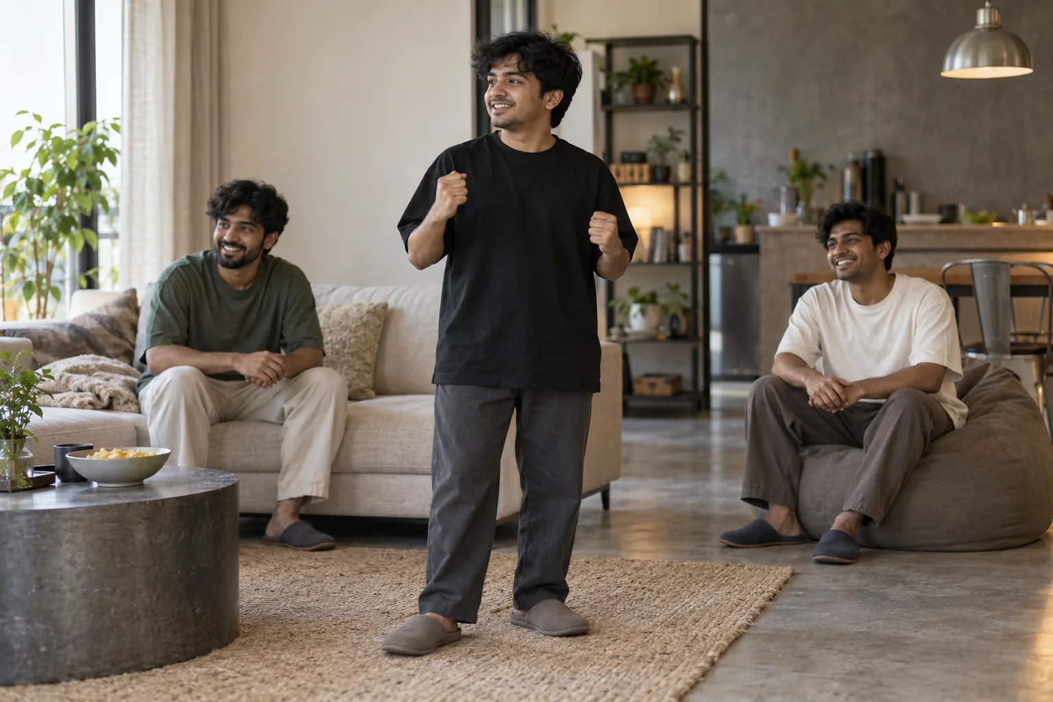 A man in a black oversized T-shirt and charcoal trousers stands beside friends seated on a sofa.