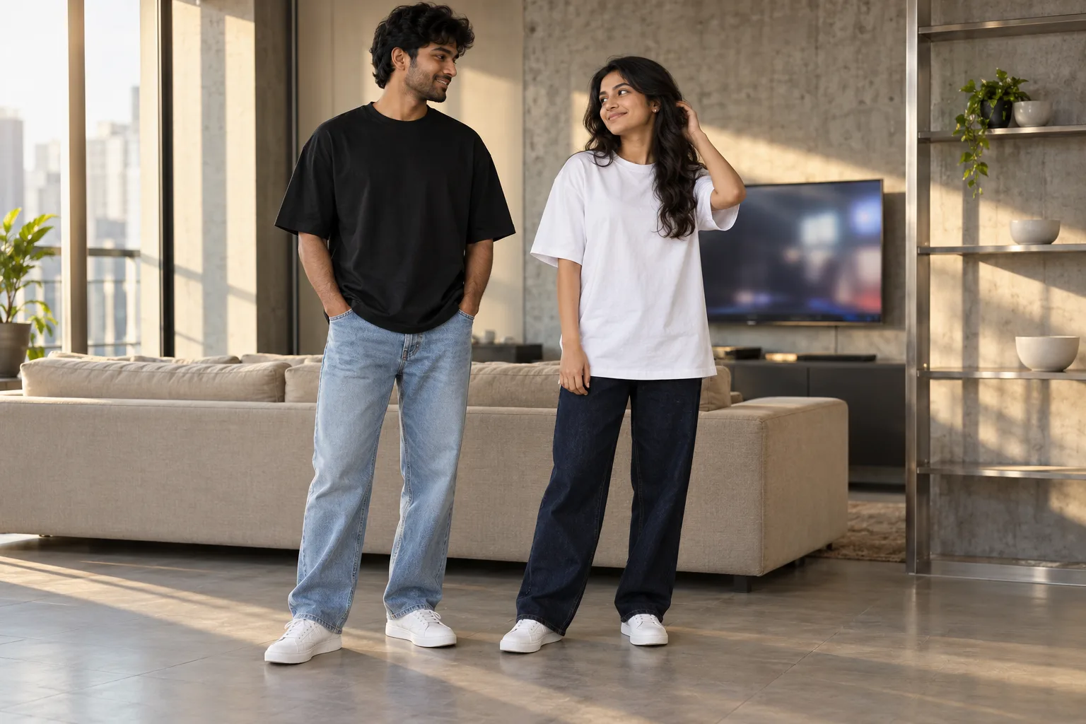 Two friends pair a black oversized tee with pale jeans and a white oversized tee with dark jeans.