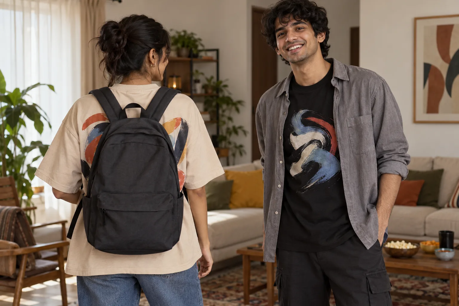 A backpack covers a back graphic while an open shirt frames a chest graphic on two oversized tees.