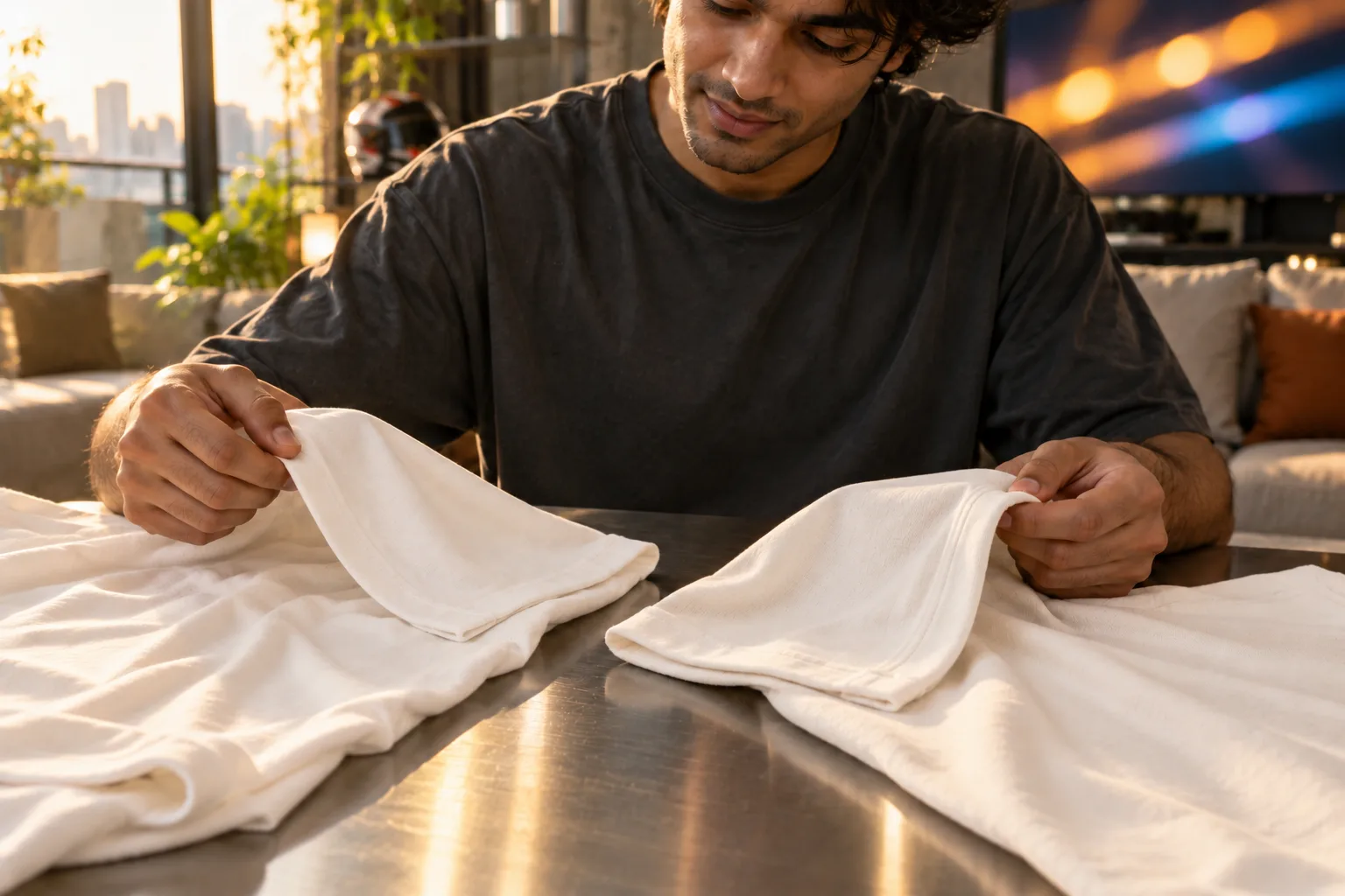 Hands compare the hems and folds of two plain oversized t-shirts on a metal table.