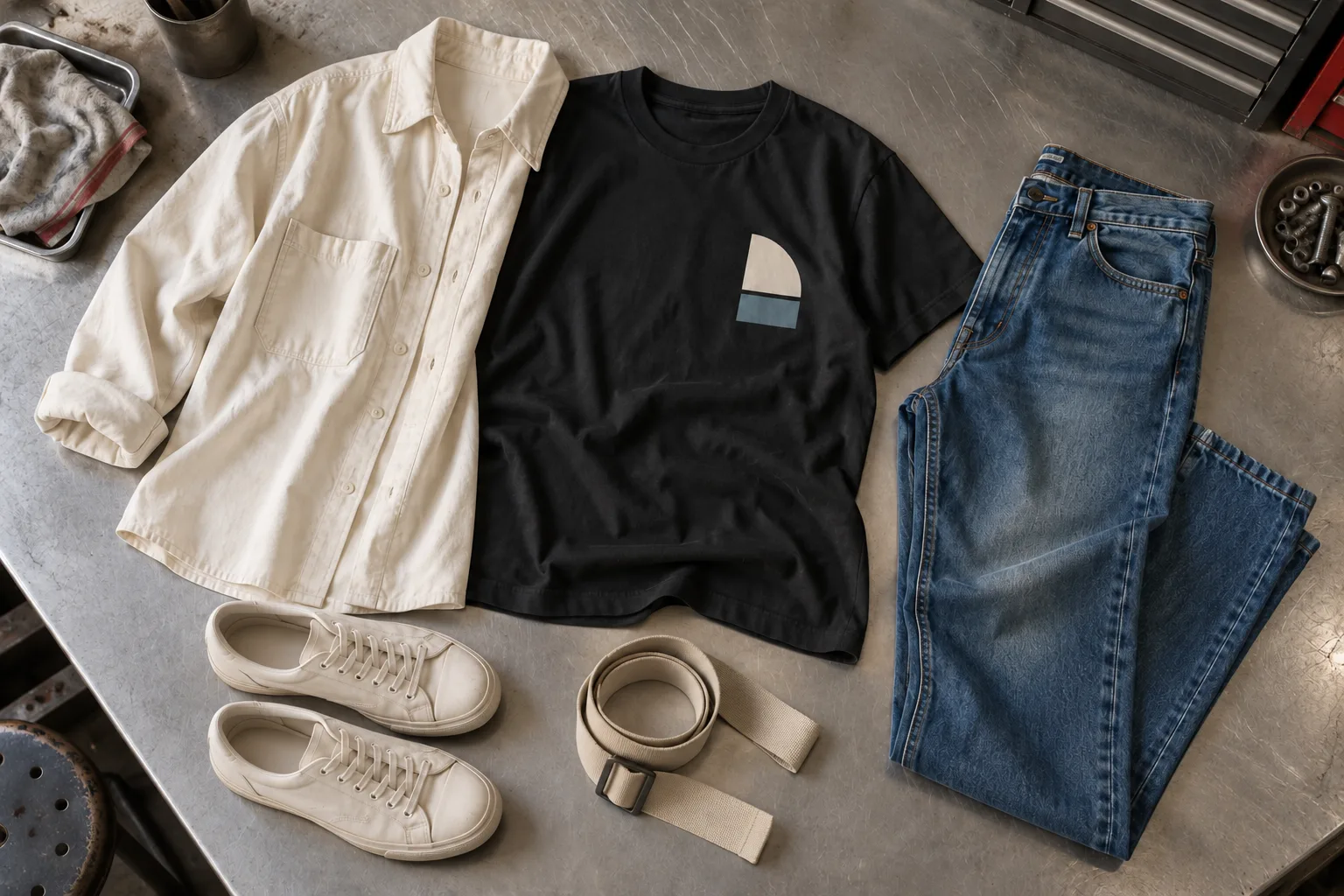 An abstract-print black tee, blue jeans, cream overshirt and trainers arranged on a metal workbench.