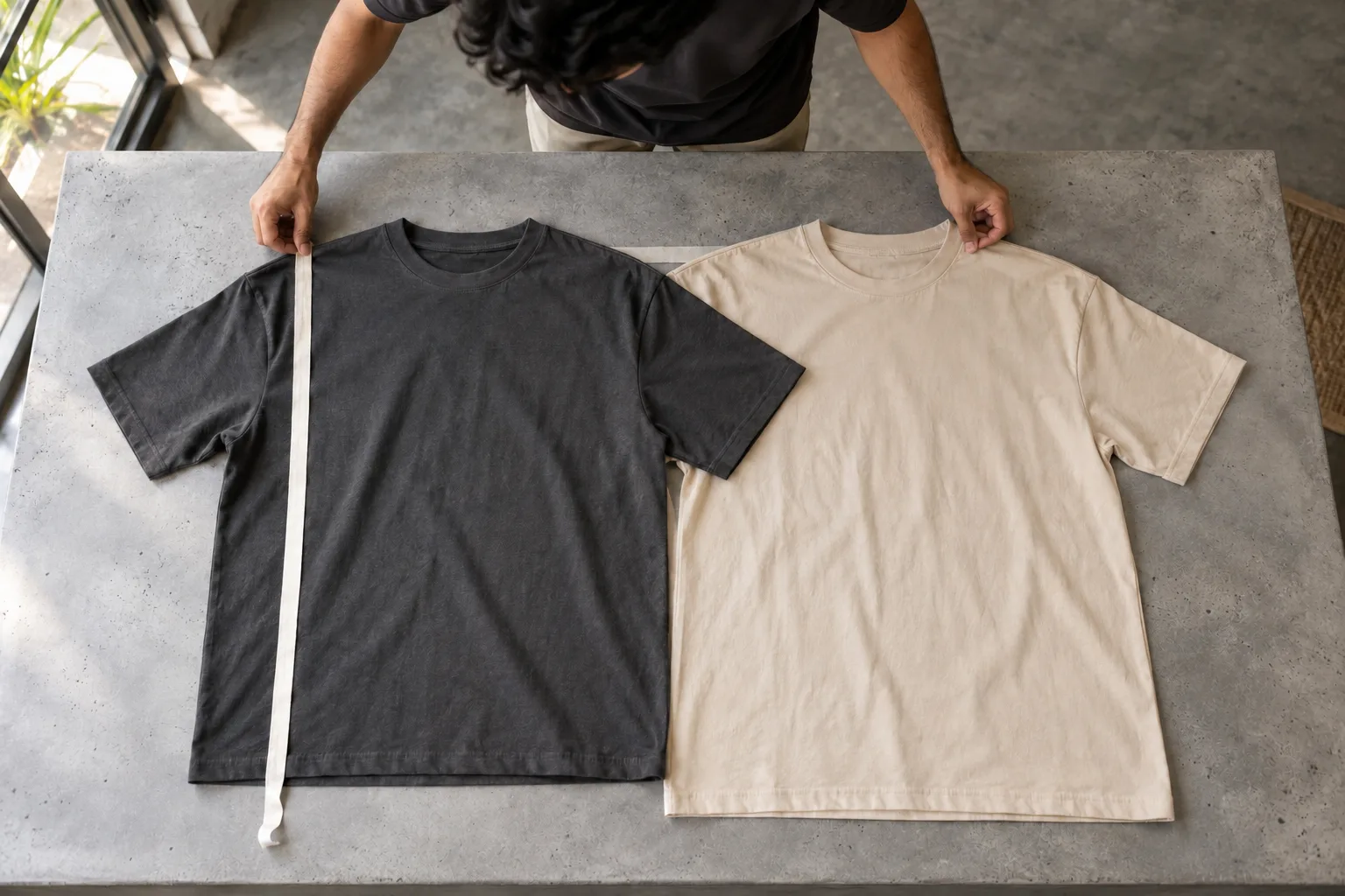 Hands align two oversized T-shirts on a table to compare their lengths.