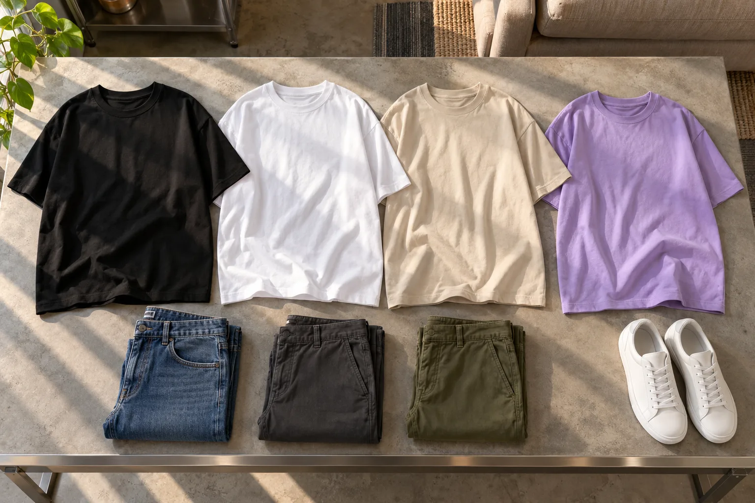 Black, white, beige and lavender t-shirts laid beside blue, charcoal and olive trousers.