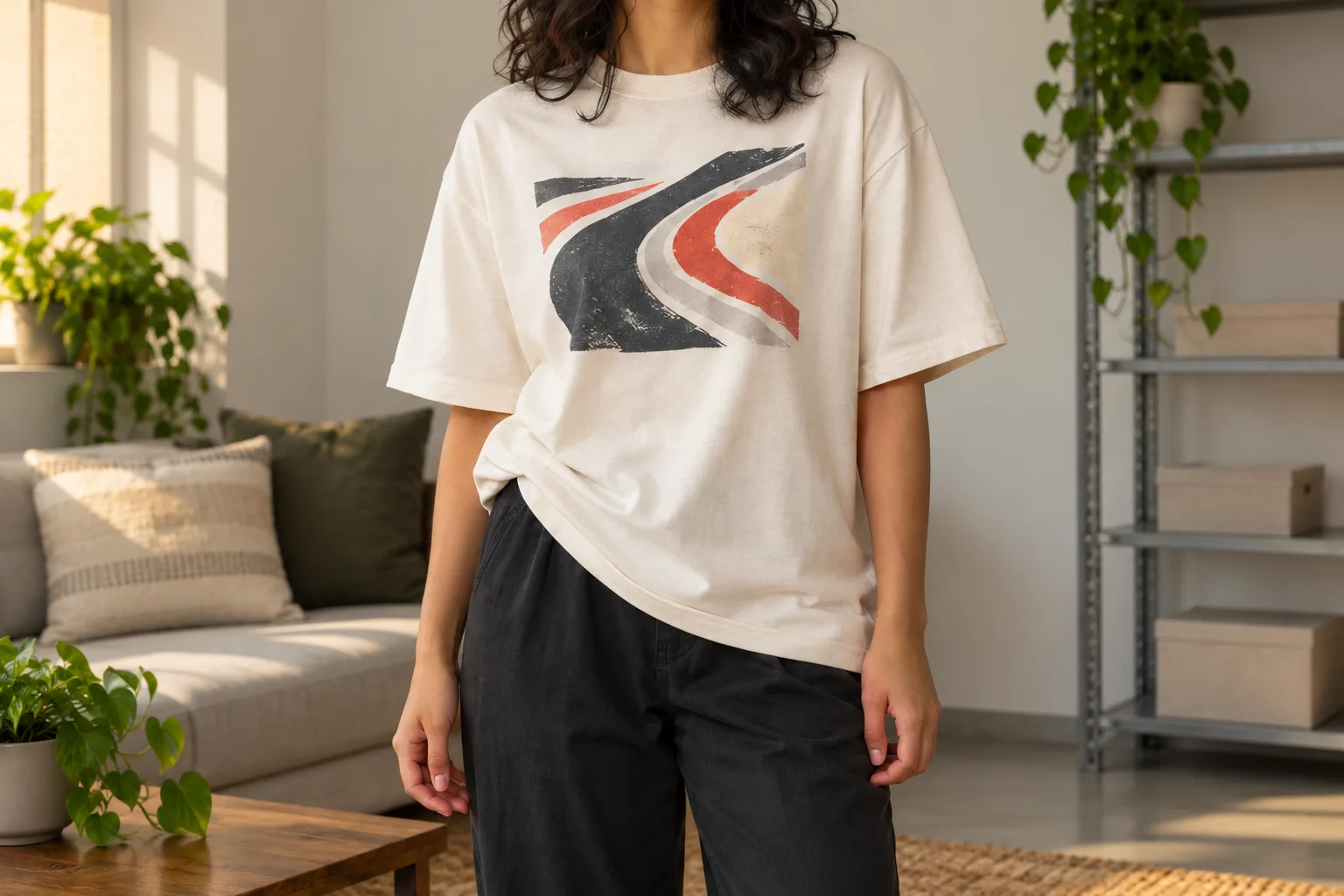 An oversized abstract-print tee has a small side tuck below the chest graphic.