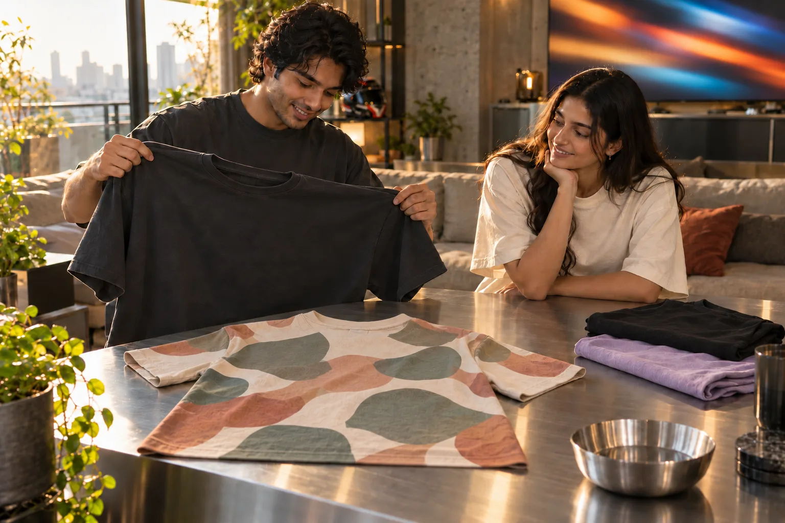 Two friends compare an oversized t-shirt with a familiar tee beside folded clothes at home.