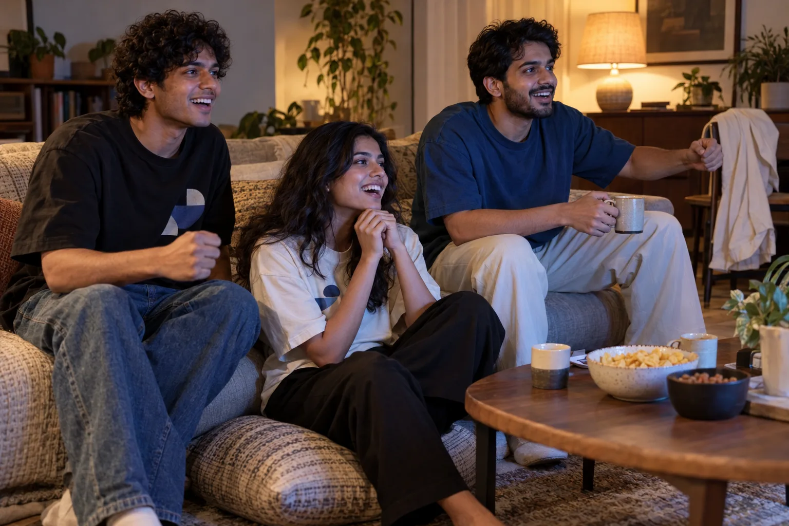 Three young adults in oversized tees sitting together in a living room with tea and snacks.