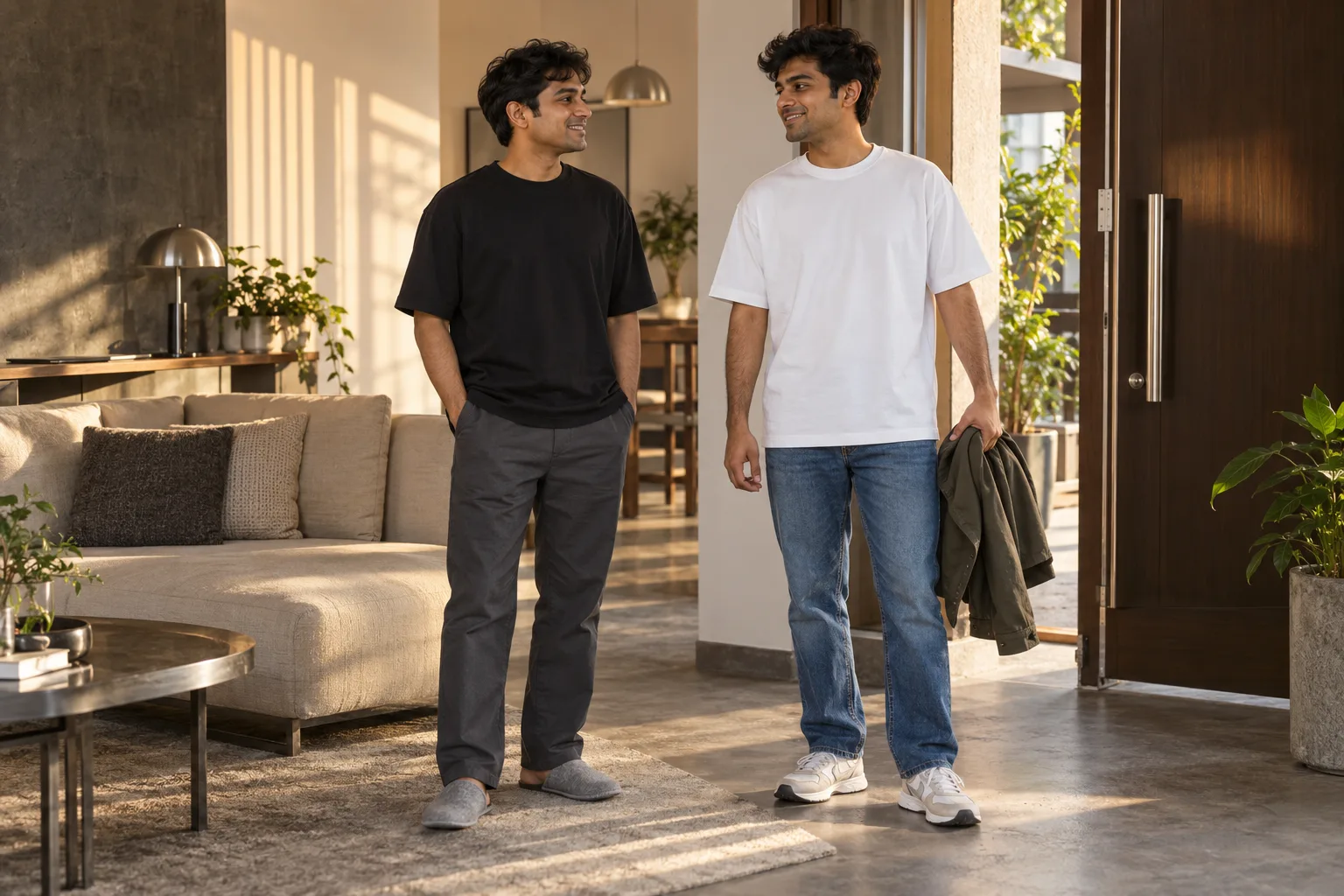 Two men wear oversized tees with charcoal trousers and blue jeans near an apartment doorway.